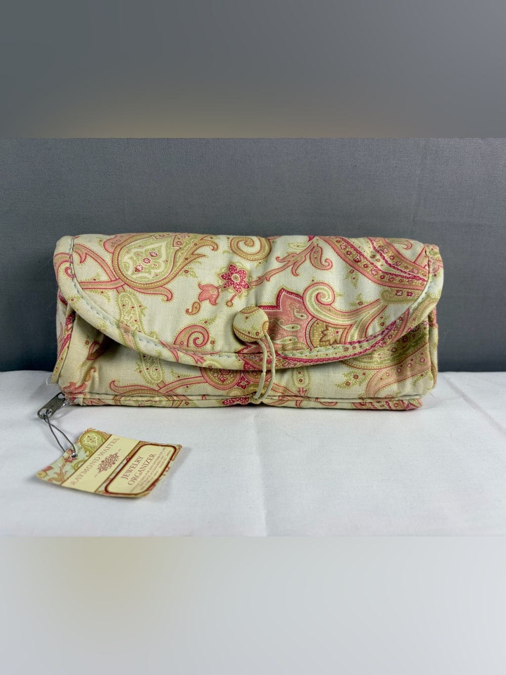 Paisley Fold-Over Travel Jewelry Clutch in Cream and Pink